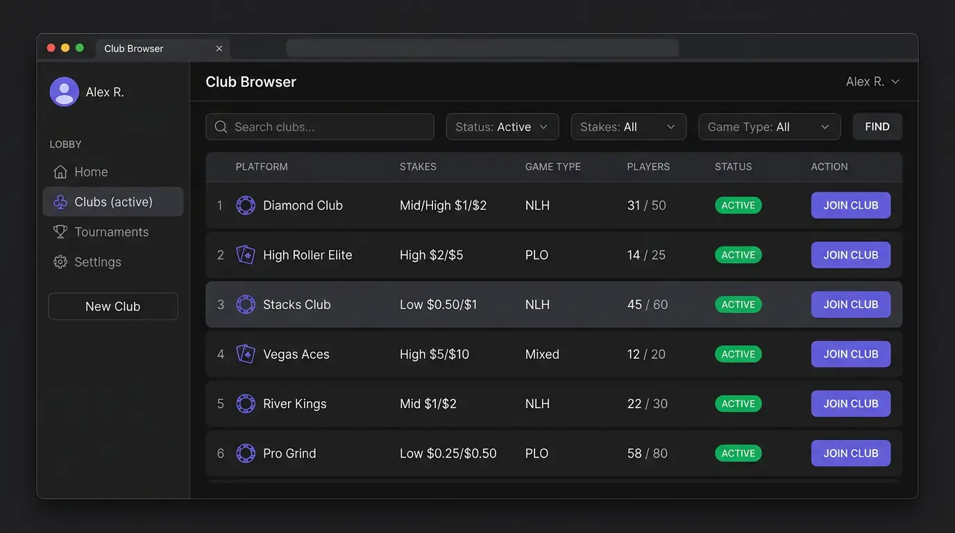 Deep Poker automated club access — browse and join clubs from the dashboard