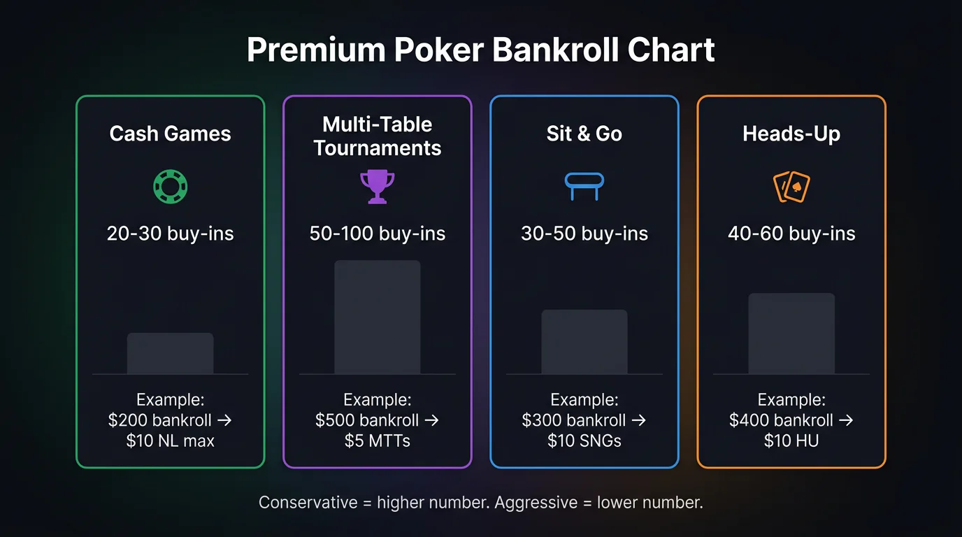 Chart showing recommended bankroll sizes for different poker formats and stakes