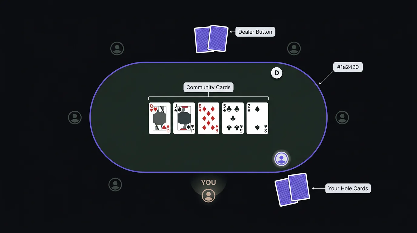 Texas Hold'em poker table with community cards and hole cards